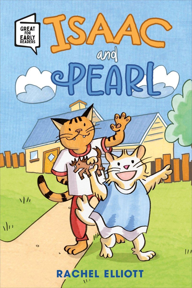 cover of the book ISAAC AND PEARL with two cats, one orange and one white, anthropomorphic and wearing clothes like people.