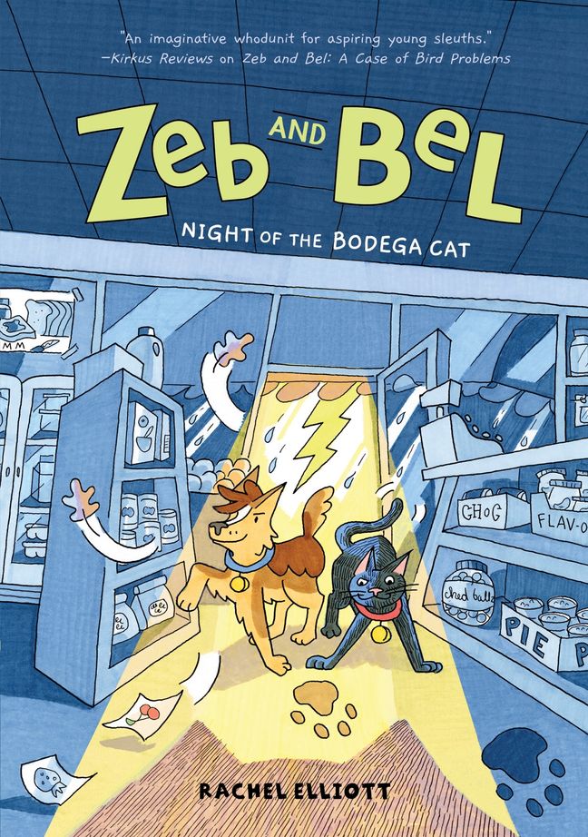 Cover of the graphic novel ZEB AND BEL: NIGHT OF THE BODEGA CAT. It has a color illustration of Zeb, a tricolored dog, and Bel, a black cat, triumphantly entering the doorway of a bodega. We're looking at them from inside the bodega, and there are shelves of food on both sides of them. The interior is all blue, looking like night time with the lights out. Right behind them is a lightning bolt. sending a golden cone of light into the store that lights up Zeb and Bel (the cat and dog.) We also see paw prints on the floor, fruit candy wrappers, and the sillhouette of a cat head shadow cast on the floor. 